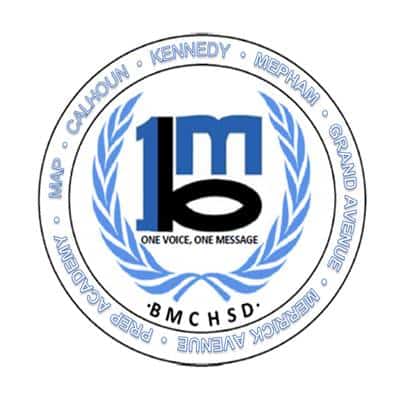 Official BMCHSD school district logo: blue laurel circle enclosing a stylized '1M' with the motto 'One Voice, One Message'.